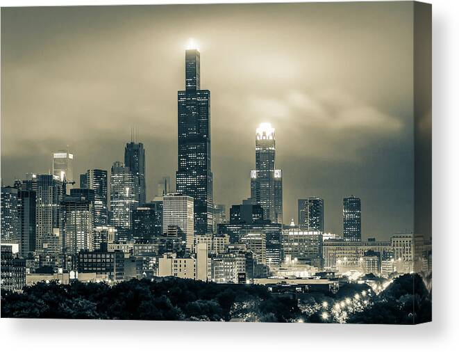 Chicago Prints Canvas Print featuring the photograph Downtown Chicago Skyline Under Clouds in Sepia by Gregory Ballos