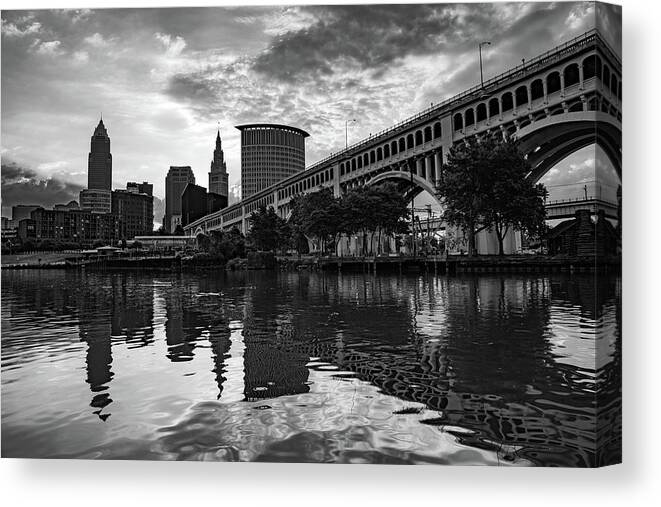 Cleveland Skyline Canvas Print featuring the photograph Downtown Cleveland Skyline - Grayscale Edition by Gregory Ballos