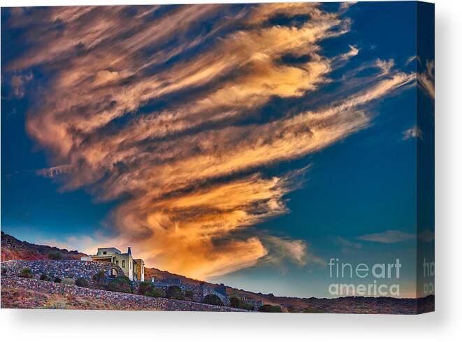 House Canvas Print featuring the photograph Dramatic Cloudscape. by Eleni Synodinou
