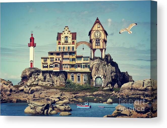 House Canvas Print featuring the photograph Dream house by the sea, surreal architecture collage by Delphimages Photo Creations