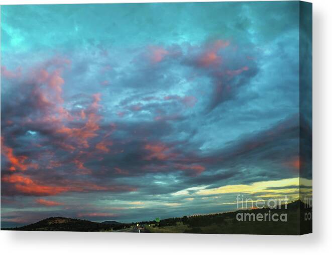 Vibrant Canvas Print featuring the digital art Driving into the Sunset by Susan Vineyard