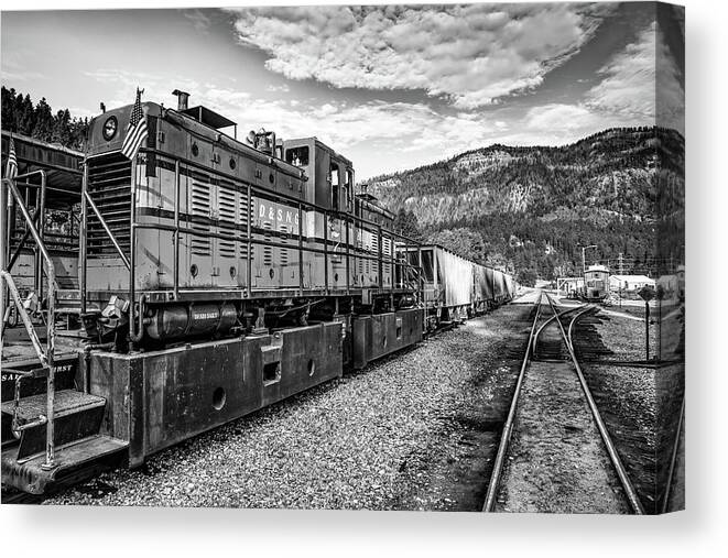 America Canvas Print featuring the photograph Durango and Silverton Train in the Colorado Mountains - Black and White by Gregory Ballos