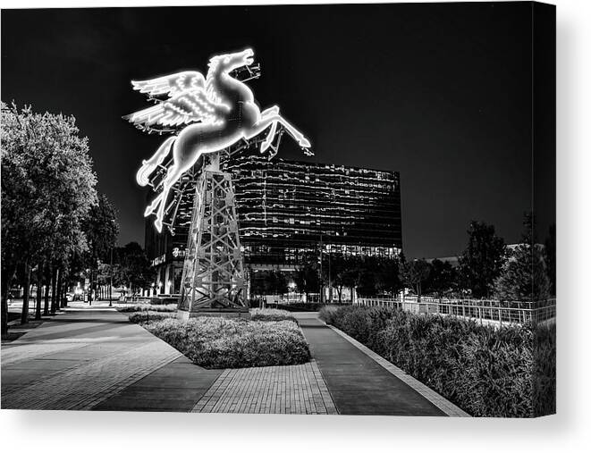 Dallas Pegasus Canvas Print featuring the photograph Dusk At The Neon Pegasus - Dallas Texas Monochrome by Gregory Ballos
