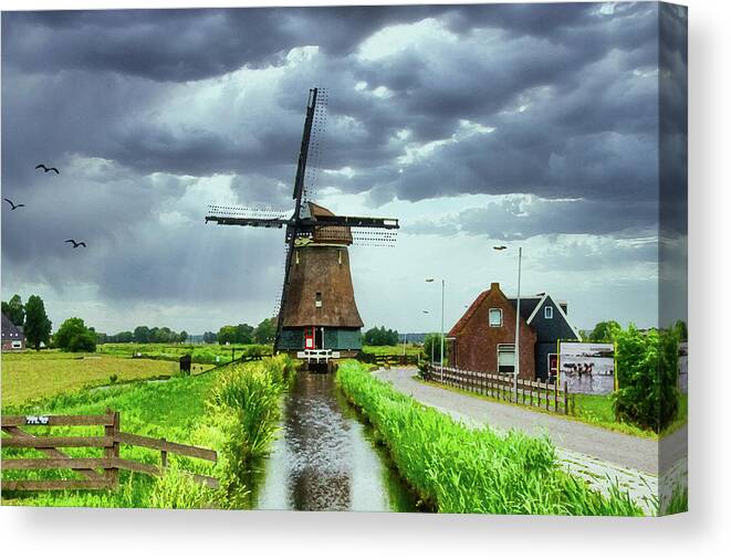 Dutch Windmill Canvas Print featuring the digital art Dutch Windmill, Dry Brush on Sandstone by Ron Long Ltd Photography