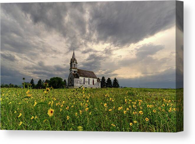  Canvas Print featuring the photograph East Norway Lutheran Church in Nelson County ND - abandoned church with wildflowers by Peter Herman