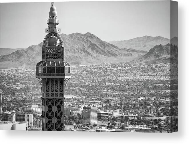 Eiffel Tower Canvas Print featuring the photograph Eiffel Tower Observation Deck Overlooking Las Vegas Valley and Mountains Black and White by Shawn O'Brien