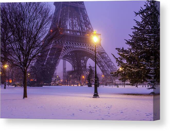 Champ De Mars Canvas Print featuring the photograph Eiffel Tower Snow by Serge Ramelli