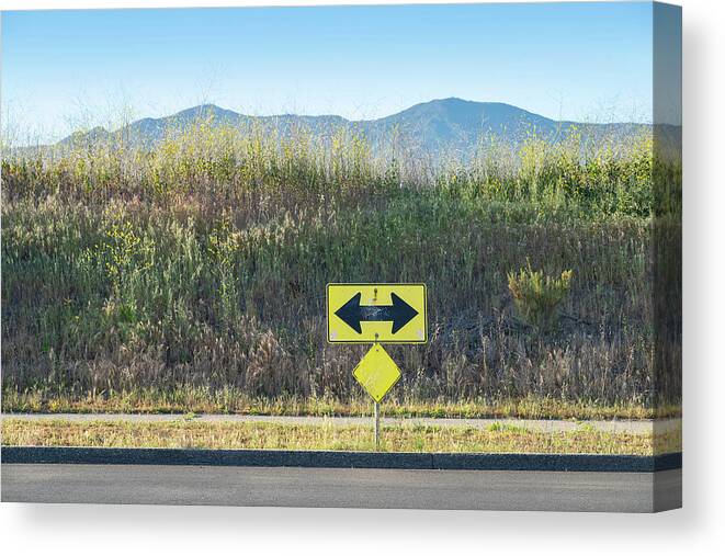 Colorful Simple Road Sign Arrow Two-way Street Santa Barbara Ca California Landscape Golden Hour Weeds Plants Mountain Sky Canvas Print featuring the photograph Either Way SS by Perry Hambright