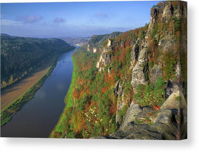 Saxon Switzerland Canvas Print featuring the photograph Elbe Sandstone Mountains along the river Elbe by Sun Travels