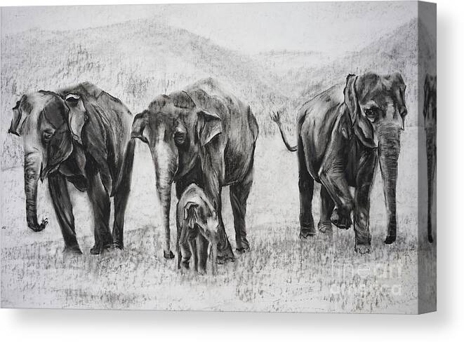 Wildlife Canvas Print featuring the pastel Elephants In A Row by Radha Rao