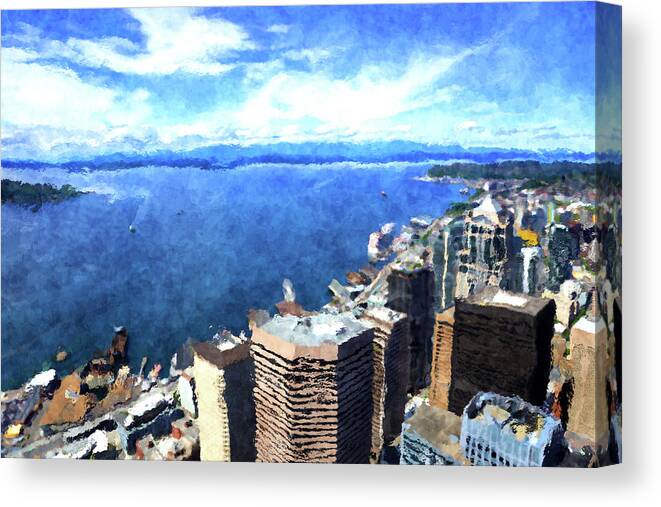 Columbia Center Canvas Print featuring the digital art Elliott Bay Seattle by SnapHappy Photos