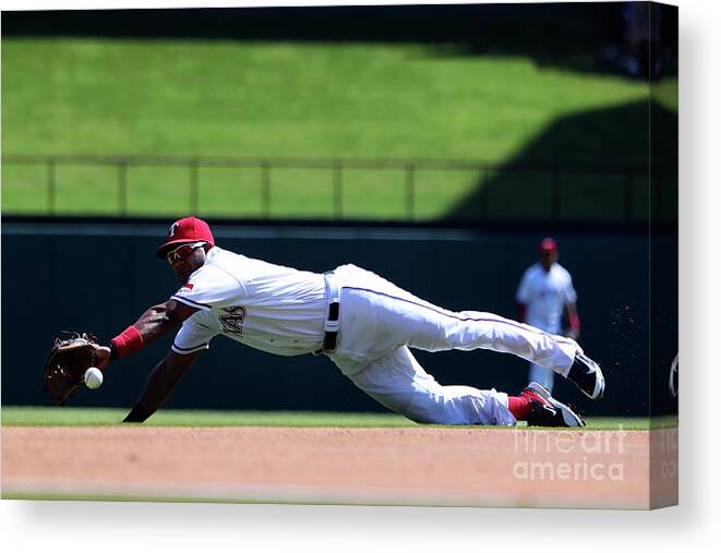 Second Inning Canvas Print featuring the photograph Elvis Andrus and Logan Forsythe by Tom Pennington