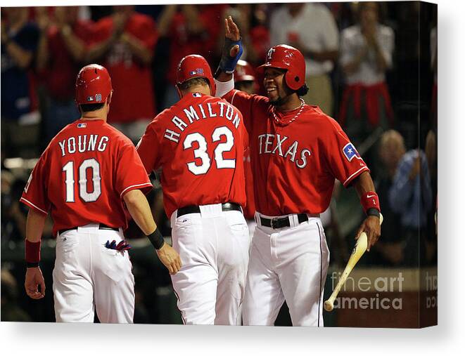 Playoffs Canvas Print featuring the photograph Elvis Andrus, Michael Young, and Josh Hamilton by Ronald Martinez