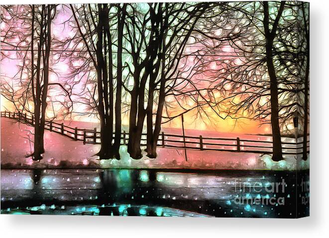 Snow Canvas Print featuring the photograph Enchanted Snowy Delaware Hillside and Fence by Sea Change Vibes