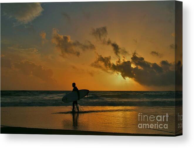 Surfers Surfboards Canvas Print featuring the photograph End of a Day Searching for that Perfect Wave by fototaker Tony