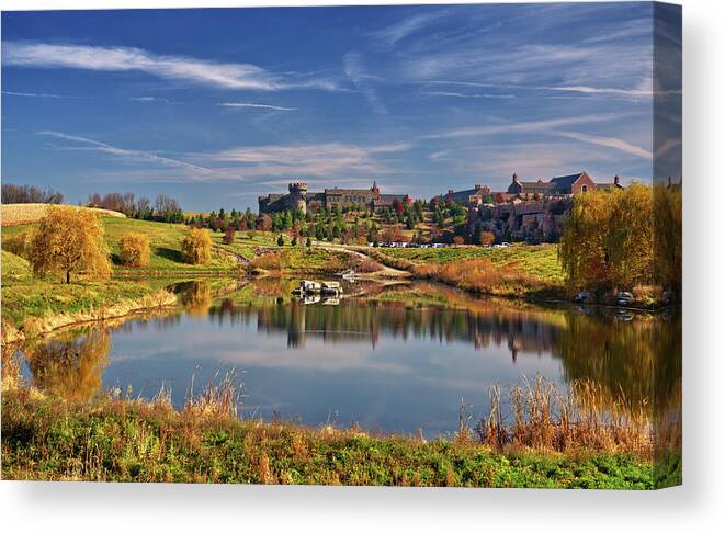 Epic Systems Canvas Print featuring the photograph Epic View -  view of Epic Systems campus from pond on west side of campus by Peter Herman