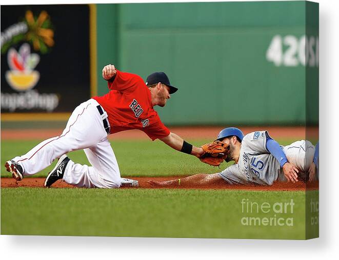 American League Baseball Canvas Print featuring the photograph Eric Hosmer and Stephen Drew by Jared Wickerham