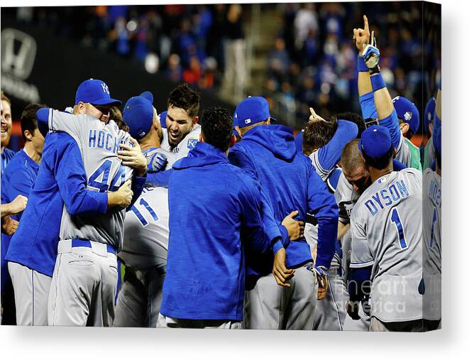 People Canvas Print featuring the photograph Eric Hosmer, Drew Butera, and Wade Davis by Al Bello