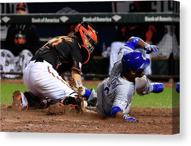 Ninth Inning Canvas Print featuring the photograph Eric Hosmer, Nick Hundley, and Alcides Escobar by Rob Carr