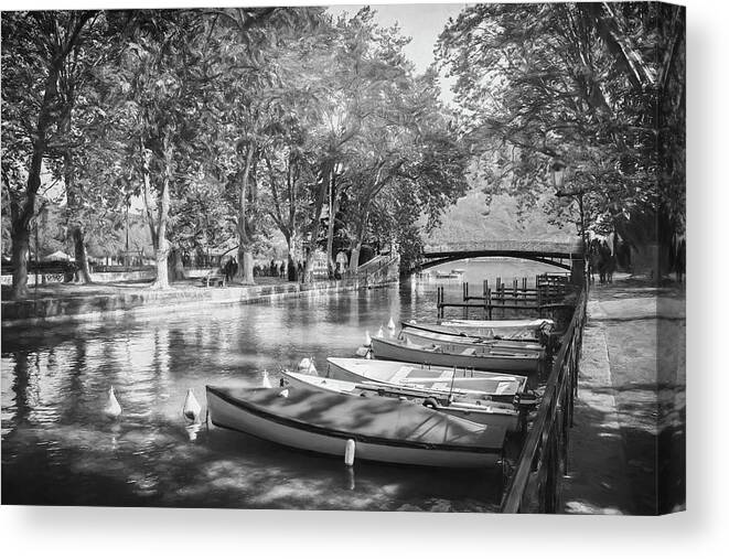 Annecy Canvas Print featuring the photograph European Canal Scenes Annecy France Black and White by Carol Japp