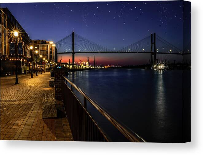 Riverwalk Canvas Print featuring the photograph Evening on the Savannah Riverwalk by Shelia Hunt