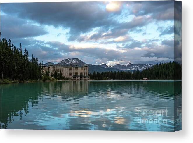 Lake Louise Canvas Print featuring the photograph Fairmont Hotel Lake Louise by Mike Reid