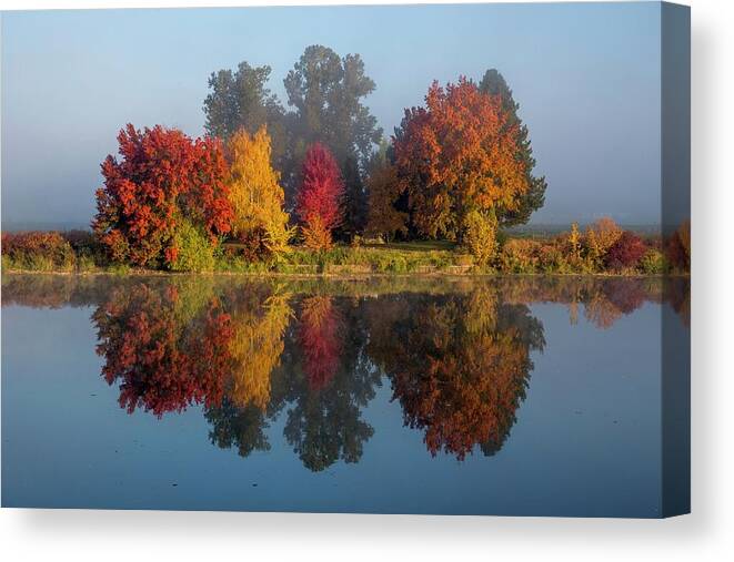 Fall Colors As The Fog Lifted Canvas Print featuring the photograph Fall colors as the fog lifted by Lynn Hopwood