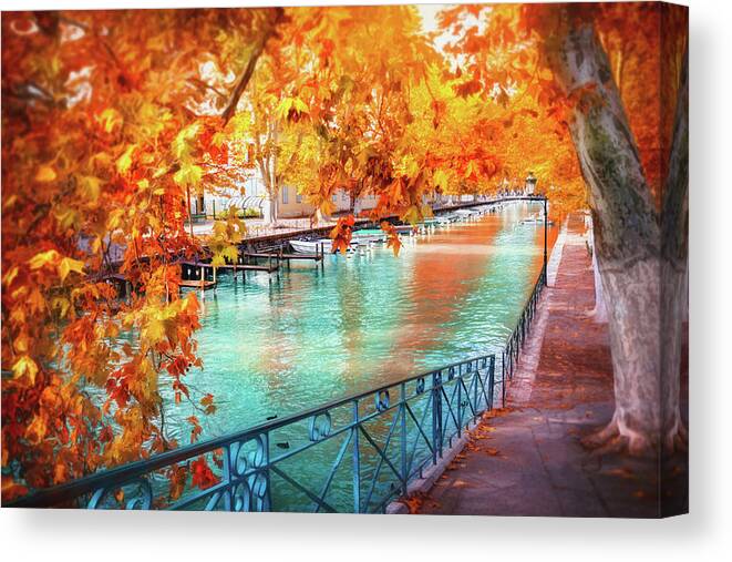 Annecy Canvas Print featuring the photograph Fall Colors of Canal du Vasse Annecy France by Carol Japp