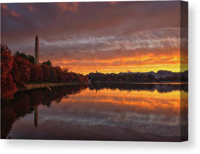 Washington Dc Canvas Print featuring the photograph Fall Sunrise at the Tidal Basin by Dennis Kowalewski