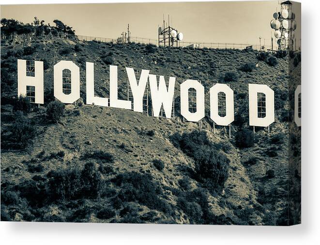 Hollywood Sign Canvas Print featuring the photograph Famous Hollywood Sign in Los Angeles California in Sepia by Gregory Ballos