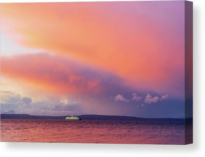 Outdoor; Colors; Bainbridge Island; Sunset; Twilight; Elliott Bay Canvas Print featuring the digital art Ferry in the sunset storm by Michael Lee