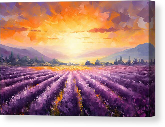 Lavender Canvas Print featuring the painting Field Of Purple Dreams - Lavender Field at Sunset - Lavender Fields Art by Lourry Legarde