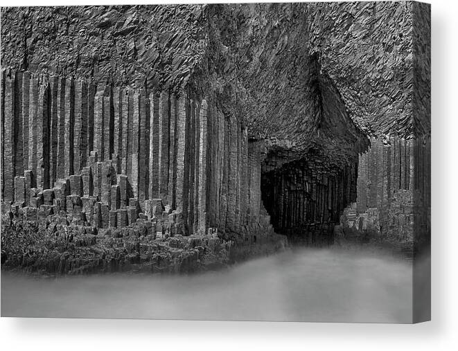 Fingals Cave Canvas Print featuring the photograph Fingal's Cave - Staffa - Black and White by Jason Politte
