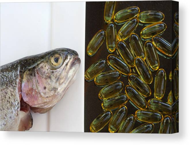 Haslemere Canvas Print featuring the photograph Fish oils from oily fish or capsules by Rosemary Calvert