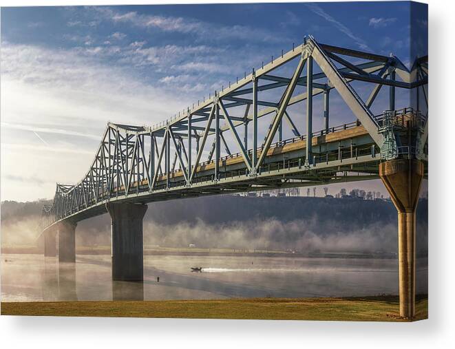 Bridge Canvas Print featuring the photograph Fishing Boat on the Foggy Ohio River by Susan Rissi Tregoning