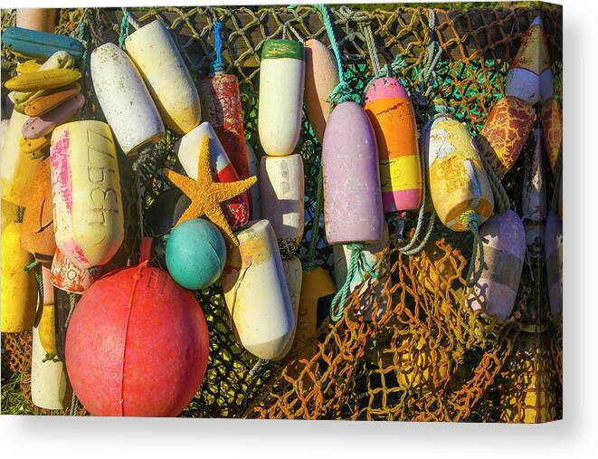 Crab Canvas Print featuring the photograph Fishing Bouys And Starfish In Fishing Nets by Garry Gay