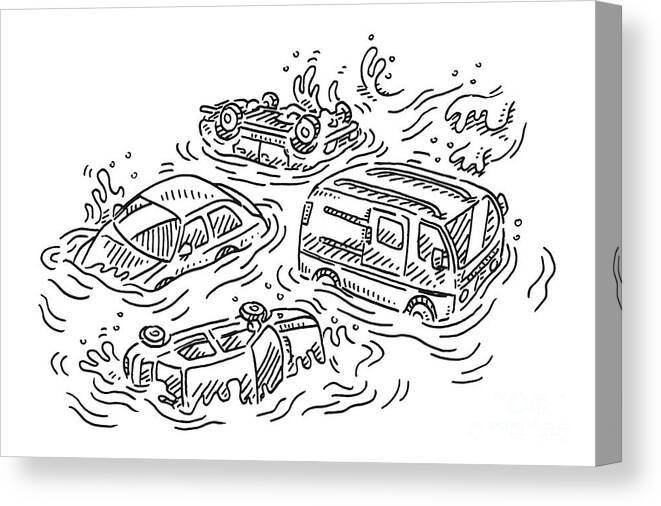 Sketch Canvas Print featuring the drawing Floating Cars Flood Disaster Drawing by Frank Ramspott