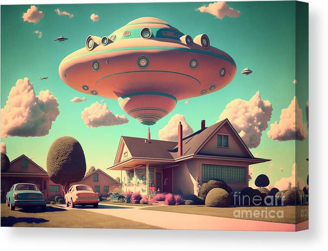 Flying Canvas Print featuring the mixed media Flying Saucer Frenzy I by Jay Schankman