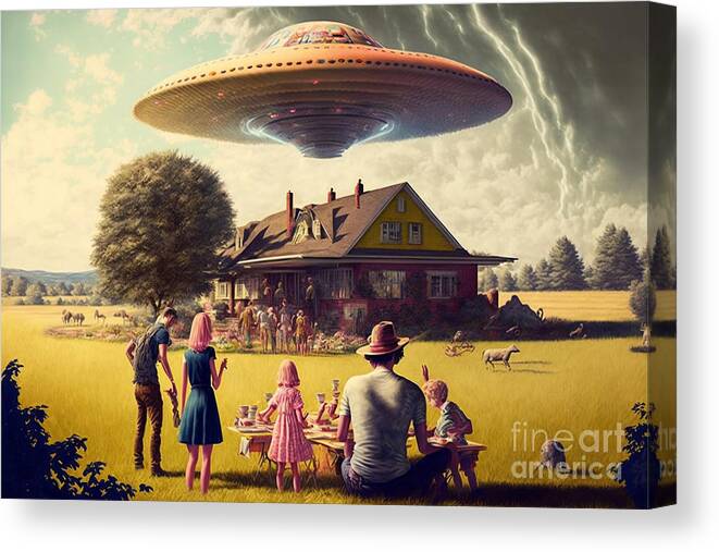 Flying Canvas Print featuring the mixed media Flying Saucer Frenzy VII by Jay Schankman