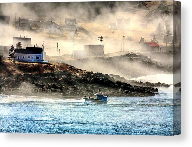 Fog Macs Point Nova Scotia Mist Sea Mist Channel Petit Passage Water Blue Boars Home Coming Harbour Canvas Print featuring the photograph Fog around Mac,s Point by David Matthews