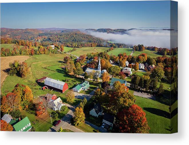 Vermont Canvas Print featuring the photograph Foggy Fall Foliage Morning in Peacham, Vermont - October 2021 by John Rowe