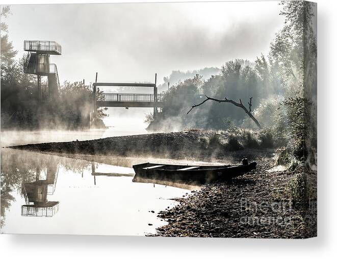 Anchor Canvas Print featuring the photograph Foggy Landscape With Boats On River Bank And Bridge In River Danube National Park In Austria by Andreas Berthold