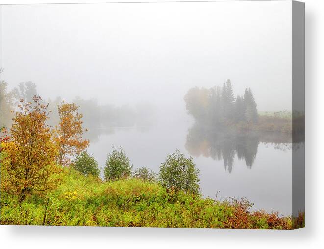 Connecticut River Canvas Print featuring the photograph Foggy Morning and Fall Foliage at the Connecticut River by Juergen Roth