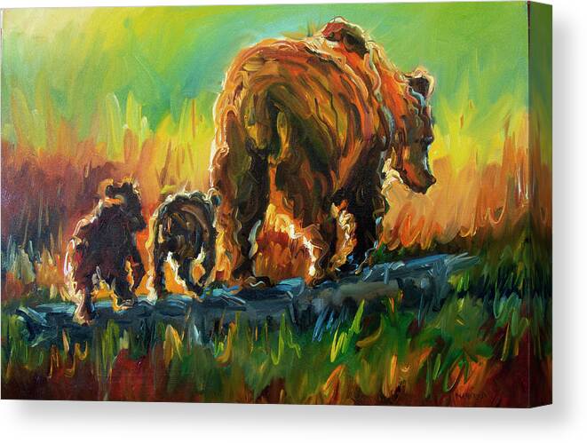 Bear Canvas Print featuring the painting Follow Mom Bears by Diane Whitehead