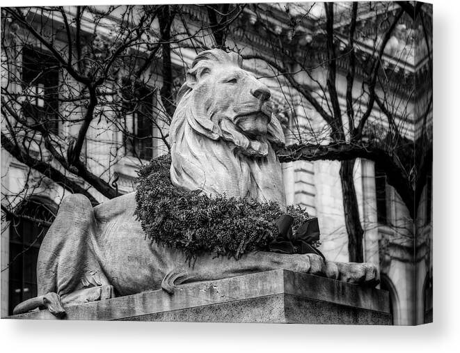 Nypl Canvas Print featuring the photograph Fortitude Lion NYPL BW by Susan Candelario