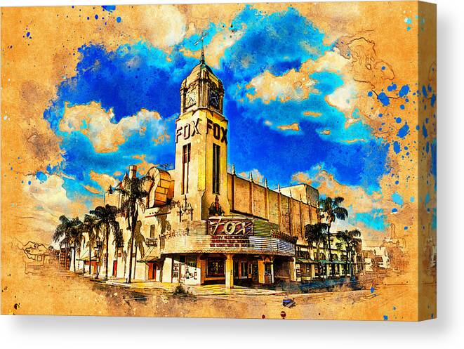 Fox Theater Canvas Print featuring the digital art Fox Theater in Bakersfield, California - digital painting by Nicko Prints