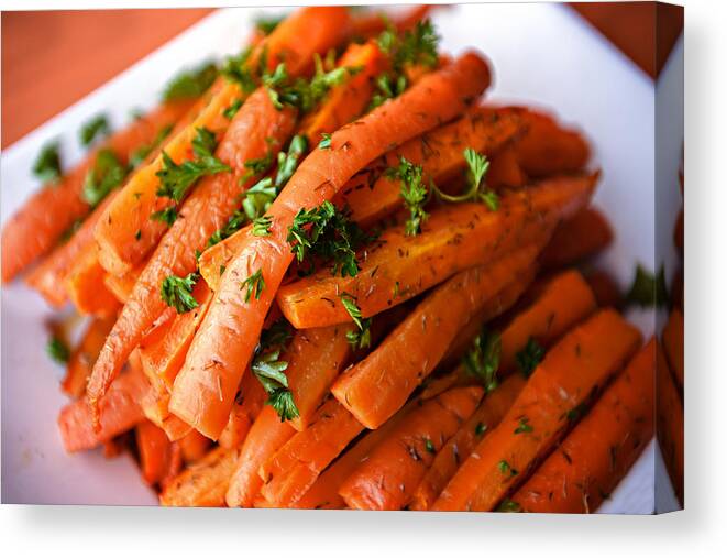 Orange Color Canvas Print featuring the photograph Fresh Glazed Carrots with Parsley for Turkey Dinner by Vicki Jauron, Babylon and Beyond Photography