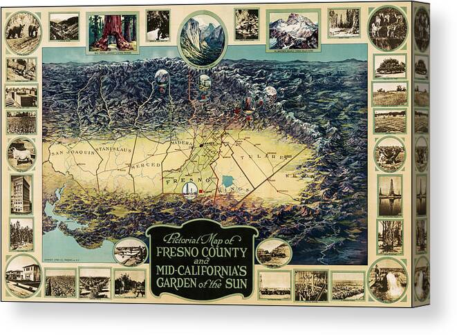 Fresno Canvas Print featuring the photograph Fresno California Vintage Pictorial Map Birds Eye View 1923 by Carol Japp