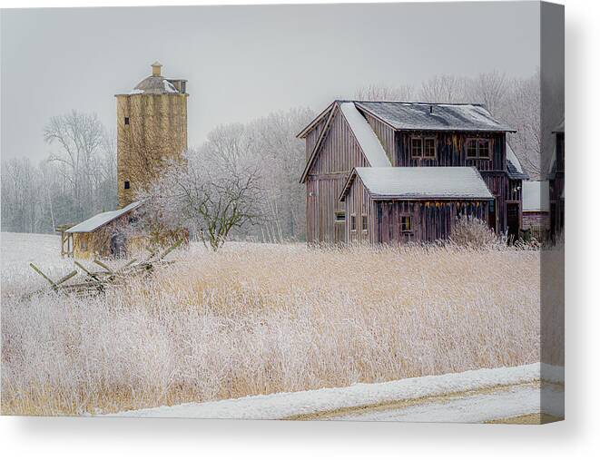 #winter #landscape #photograph #fine Art #door County #wisconsin #midwest #wall Décor #wall Art #hiking #walking #long Exposure #focus Stacking #hdr Photography #adventure #outside #environment #outdoor Lover #snow #ice #cold #snowshoeing # Cross Country Skiing #silo #fence #frost #rimice #hoarfrost #naturepreserve #farmbuildings #abandoned #trees #oaks #crops Canvas Print featuring the photograph Frosted Farm by David Heilman