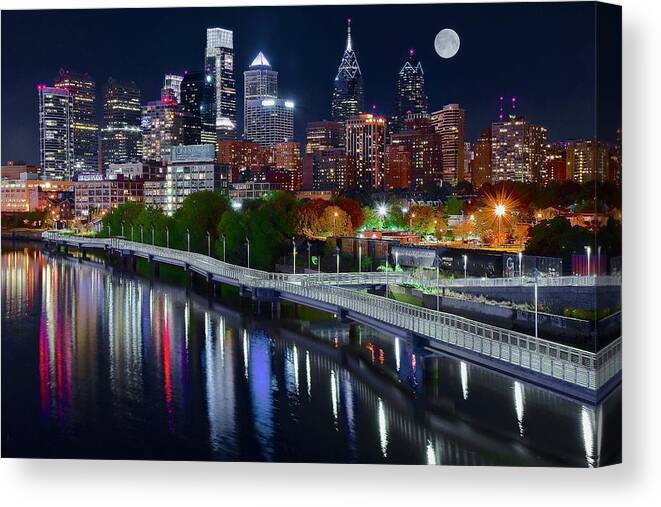 Philadelphia Canvas Print featuring the photograph Full Moon Over Philly by Frozen in Time Fine Art Photography